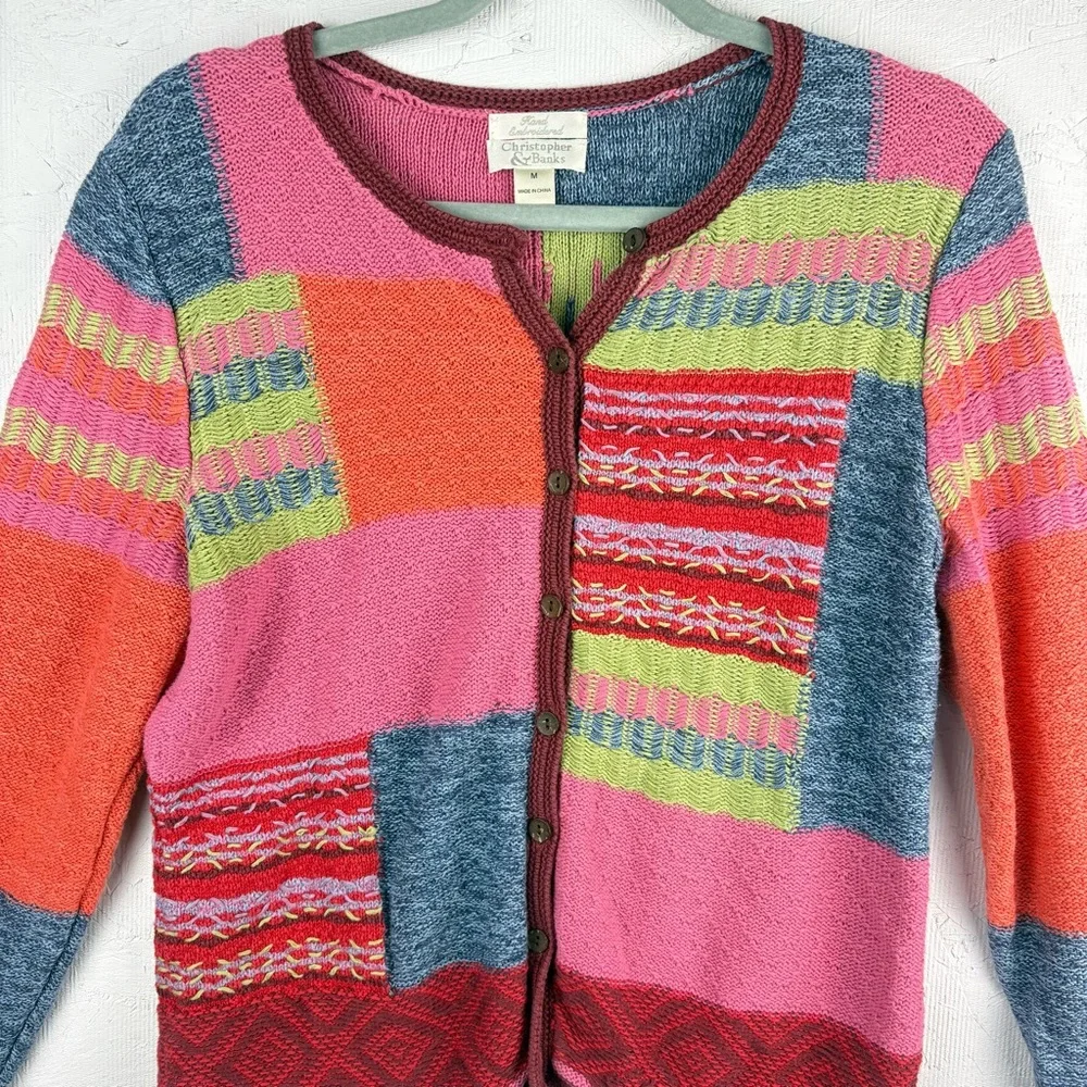 Christopher & Banks Colorful Patchwork Women's Sweater Hand Embroidered Medium - Picture 4 of 9